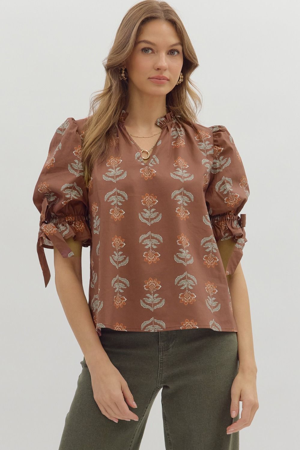  Athena Floral Print Ruffle Neck Top, Brown