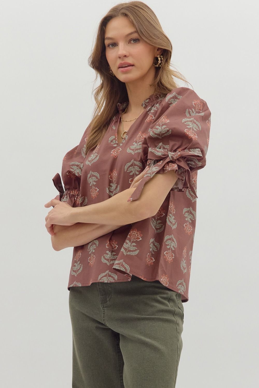  Athena Floral Print Ruffle Neck Top, Brown
