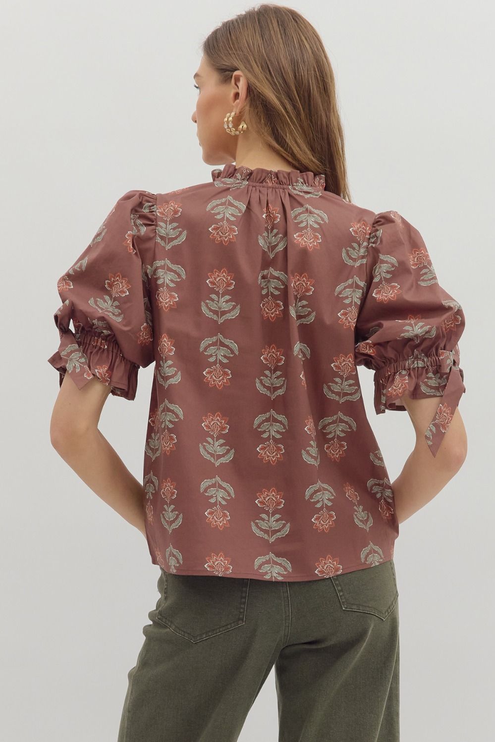  Athena Floral Print Ruffle Neck Top, Brown