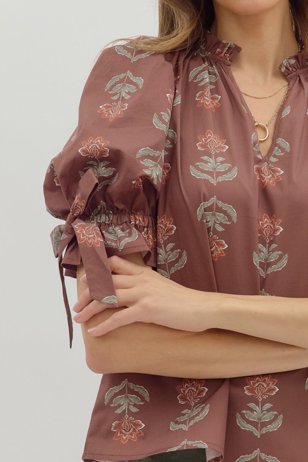  Athena Floral Print Ruffle Neck Top, Brown