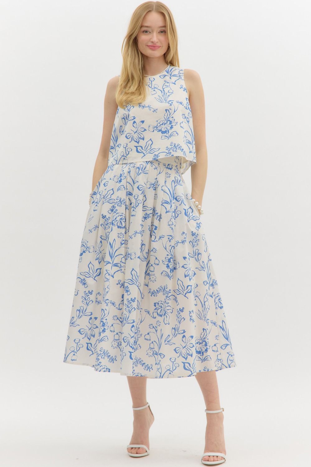  Brynn Floral Pleated Midi Skirt, Cream Blue