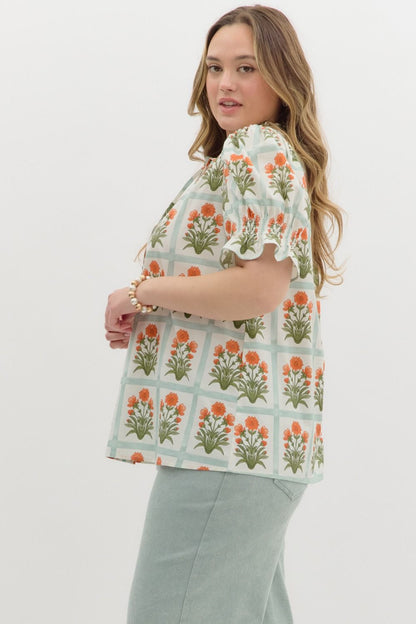  Liv Floral Ruffle Finish Top, Orange | Extended Sizes