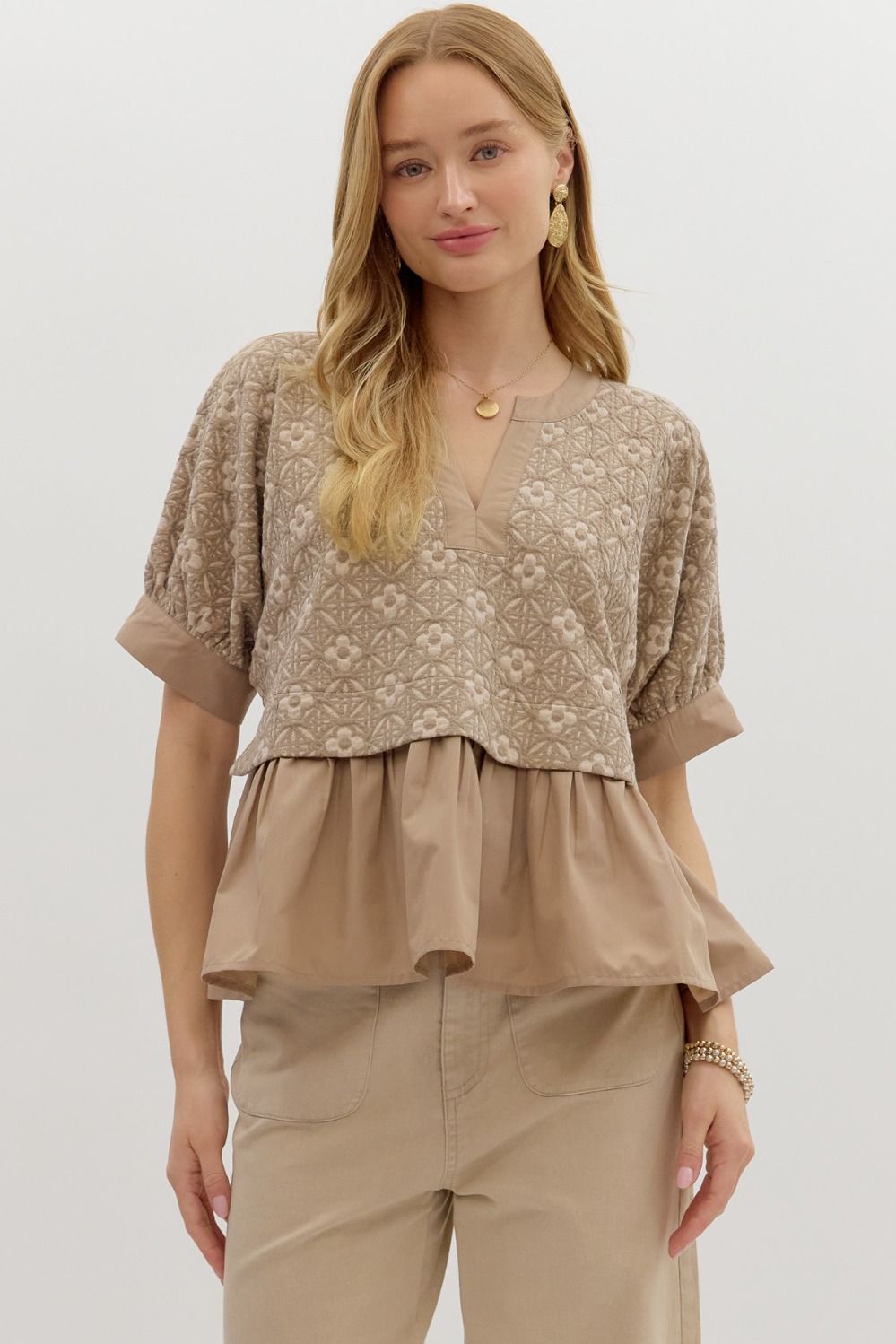  Harriet Mix Media Peplum Top, Mocha