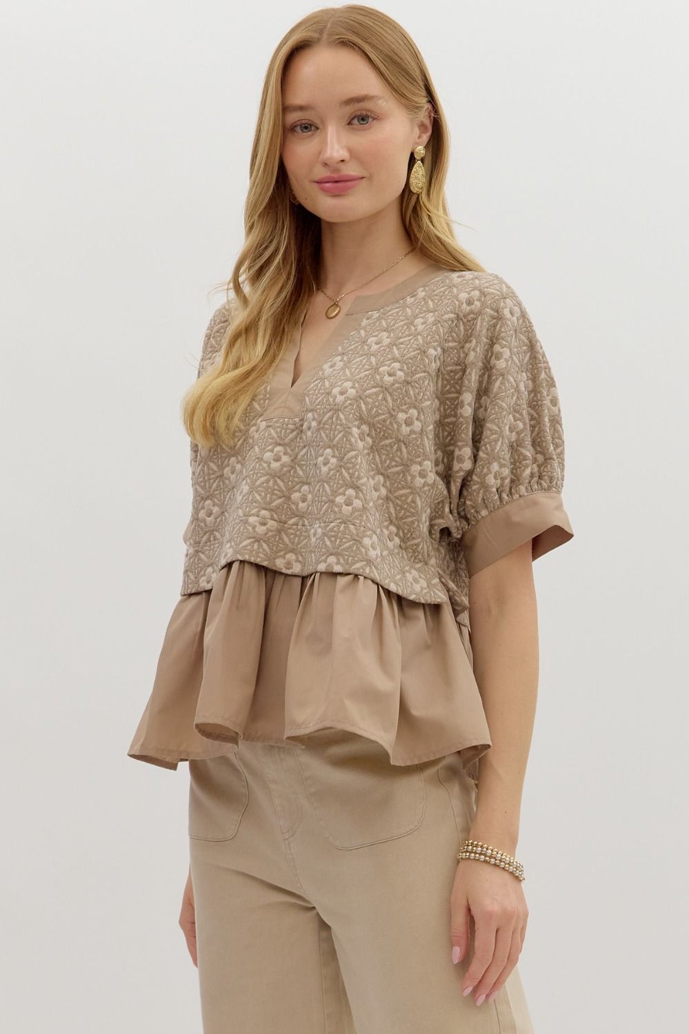  Harriet Mix Media Peplum Top, Mocha