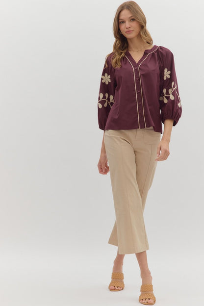  Amira Embroidered Sleeve Buttoned Blouse, Merlot
