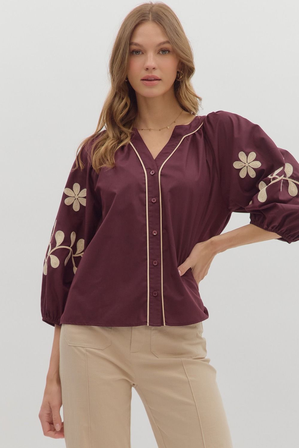  Amira Embroidered Sleeve Buttoned Blouse, Merlot