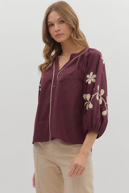  Amira Embroidered Sleeve Buttoned Blouse, Merlot