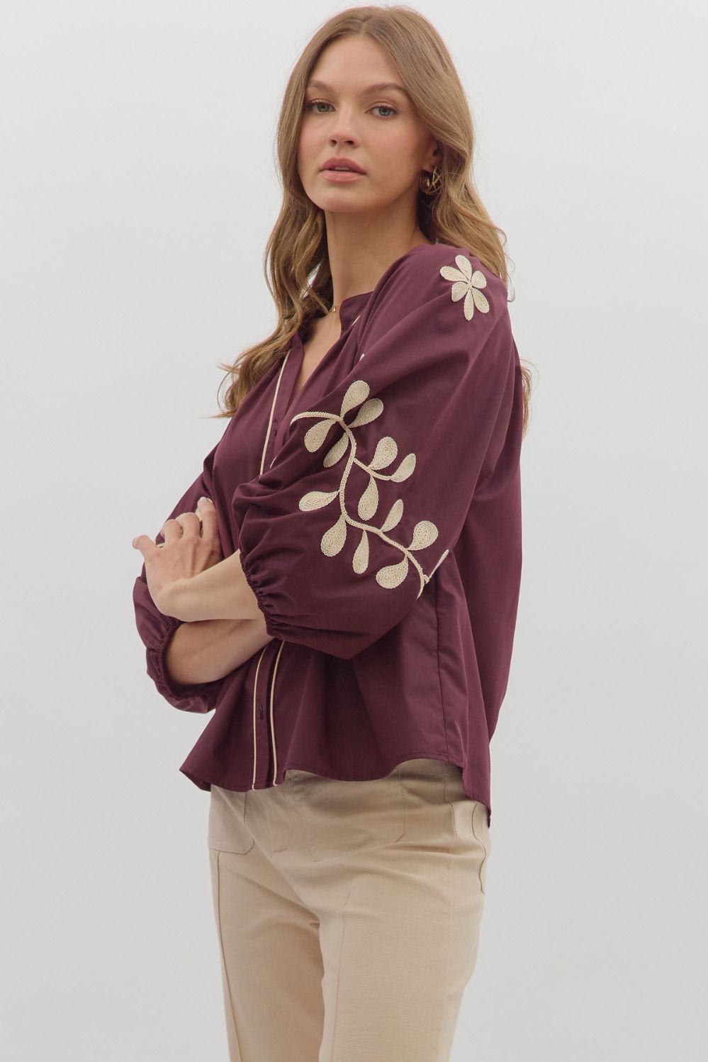  Amira Embroidered Sleeve Buttoned Blouse, Merlot
