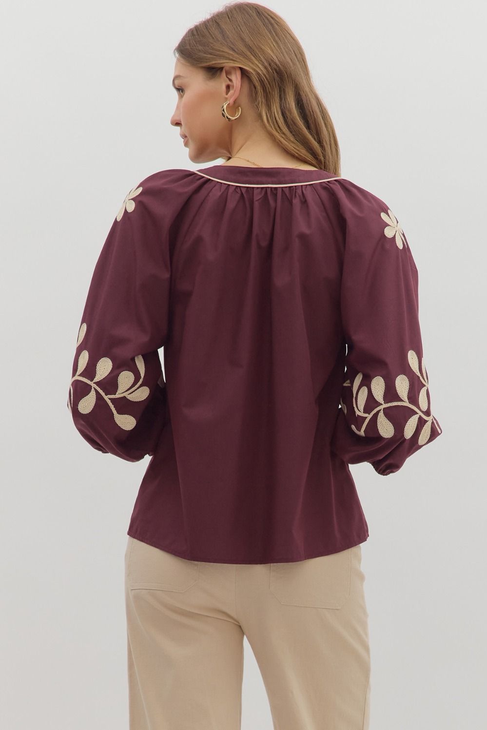  Amira Embroidered Sleeve Buttoned Blouse, Merlot