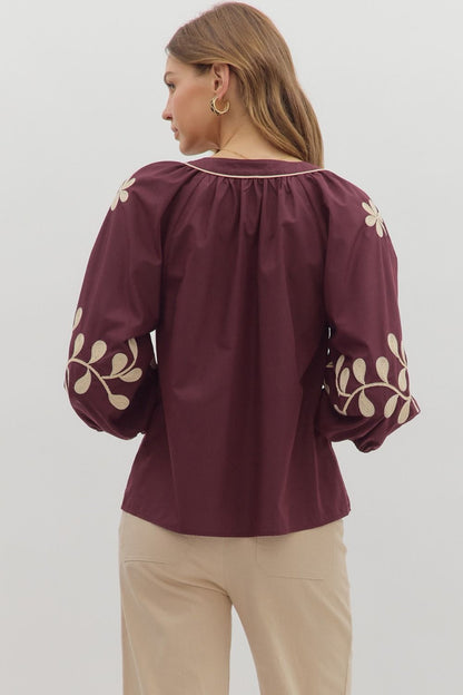  Amira Embroidered Sleeve Buttoned Blouse, Merlot