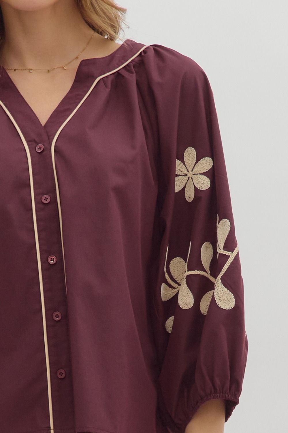 Amira Embroidered Sleeve Buttoned Blouse, Merlot