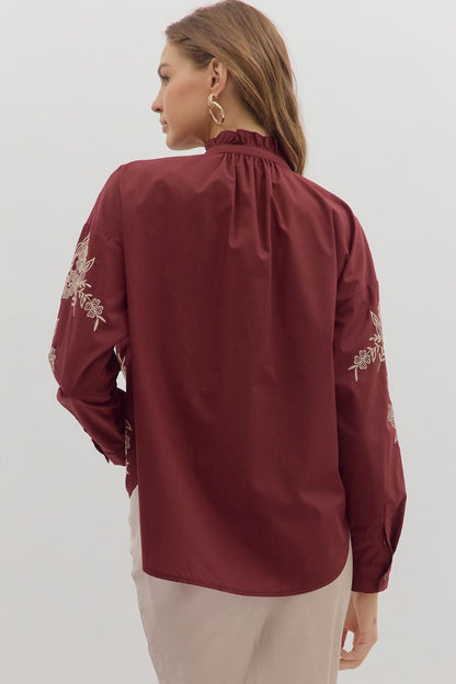  Anya Floral Embroidered Top, Burgundy
