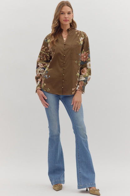  Ember Floral Sleeve Buttoned Blouse, Brown