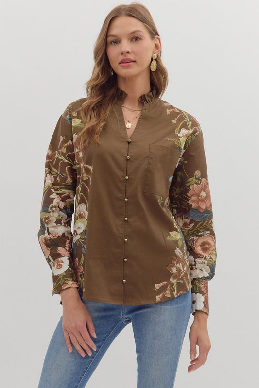 Ember Floral Sleeve Buttoned Blouse, Brown