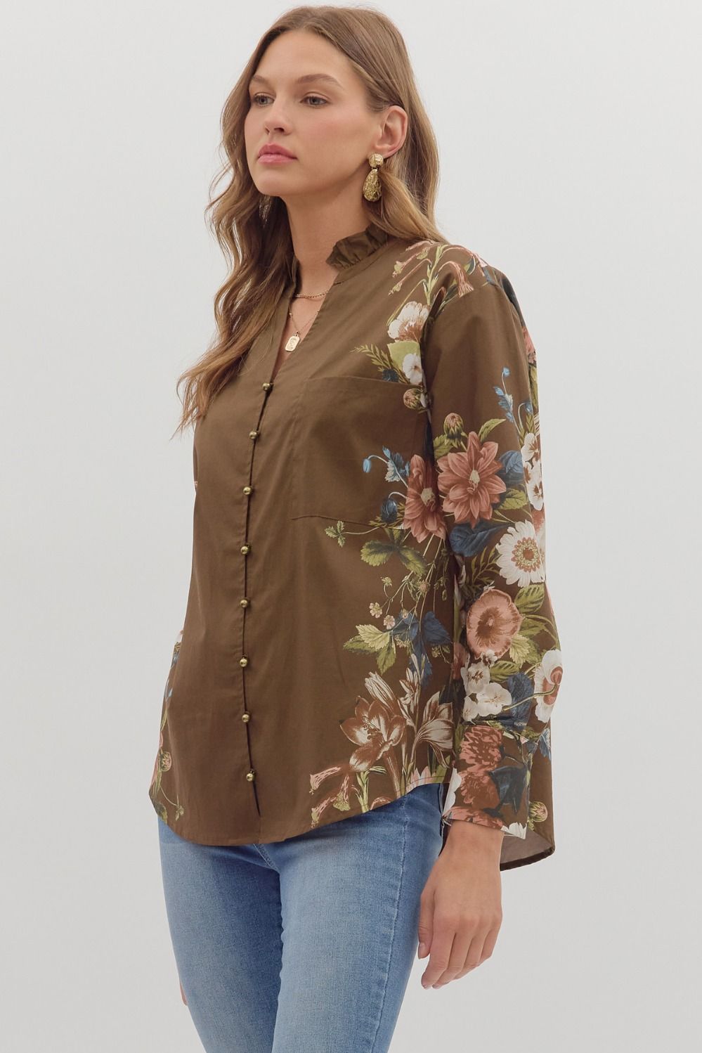  Ember Floral Sleeve Buttoned Blouse, Brown