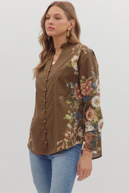  Ember Floral Sleeve Buttoned Blouse, Brown