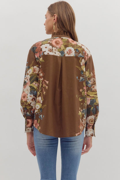  Ember Floral Sleeve Buttoned Blouse, Brown