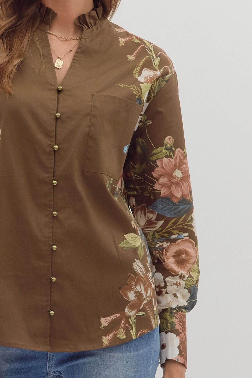  Ember Floral Sleeve Buttoned Blouse, Brown