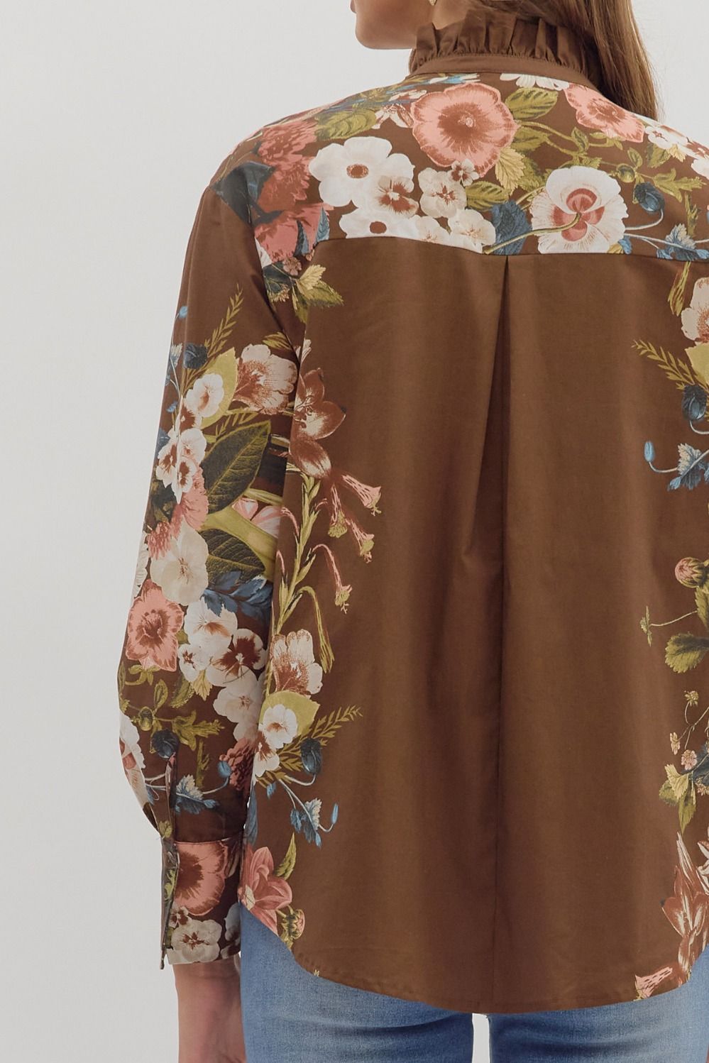  Ember Floral Sleeve Buttoned Blouse, Brown