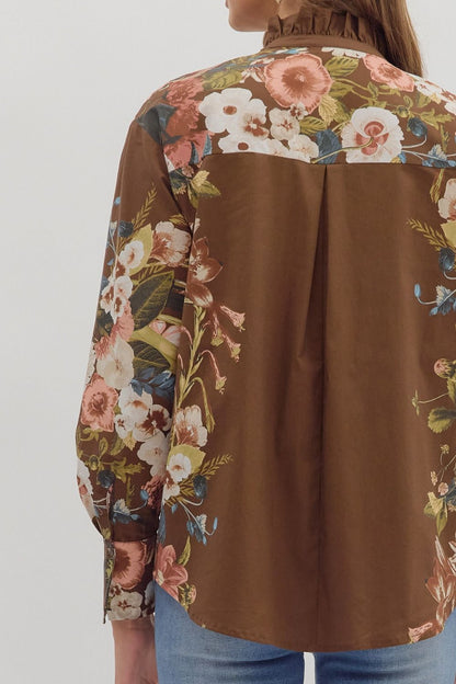  Ember Floral Sleeve Buttoned Blouse, Brown