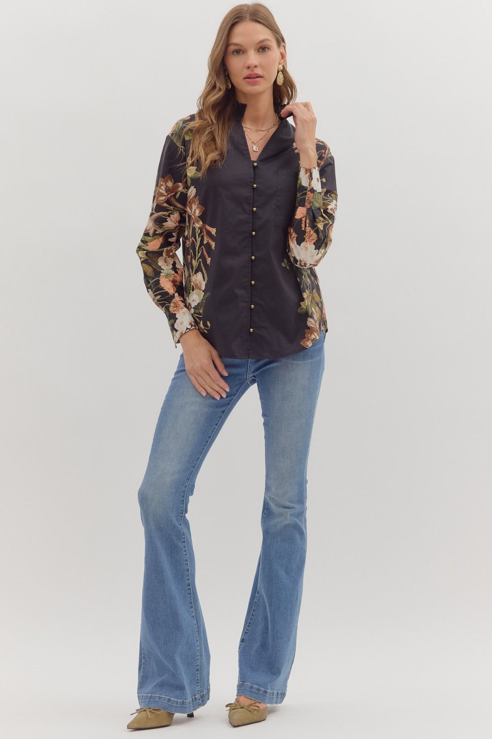  Ember Floral Sleeve Buttoned Blouse, Black