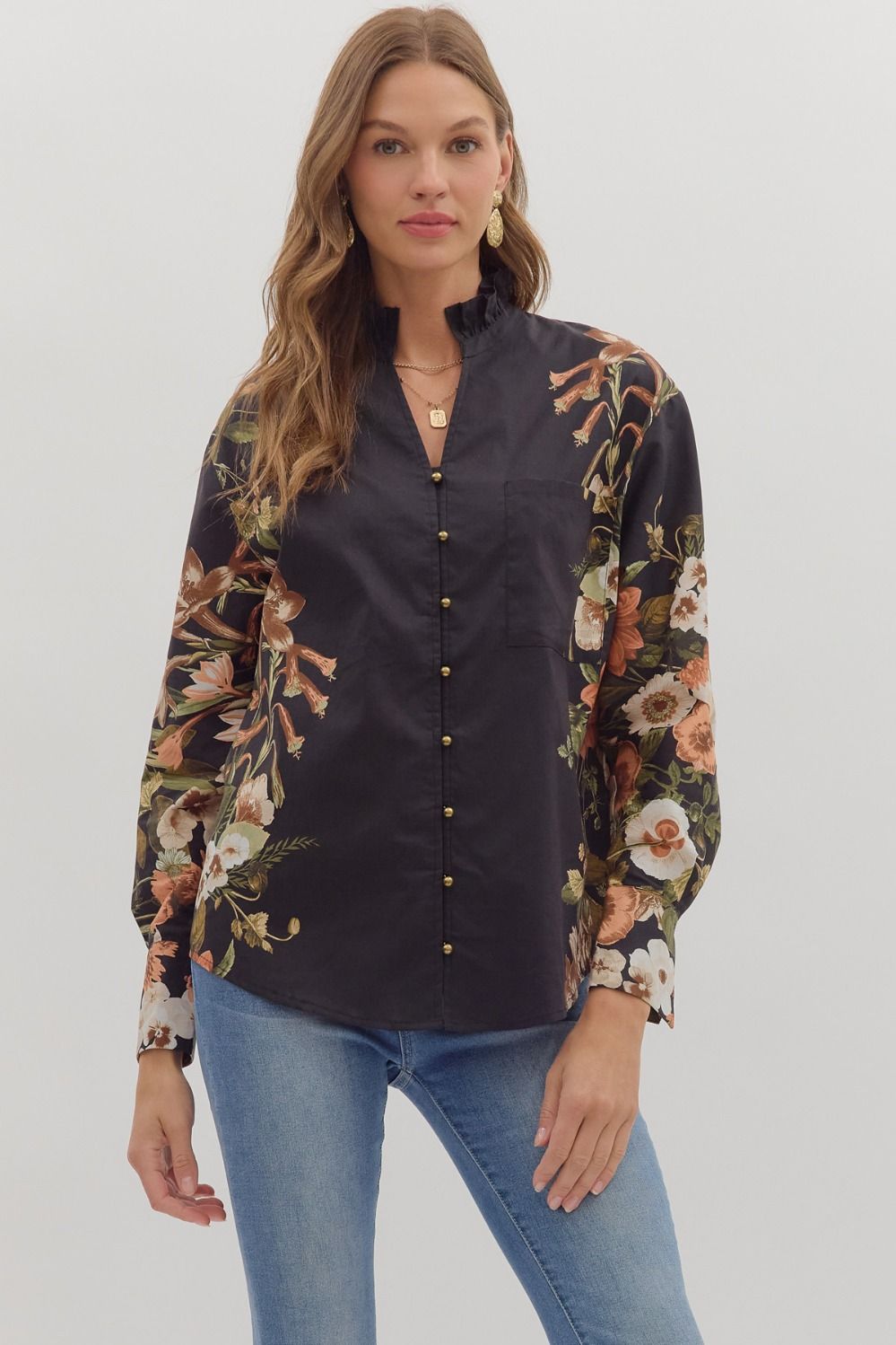  Ember Floral Sleeve Buttoned Blouse, Black