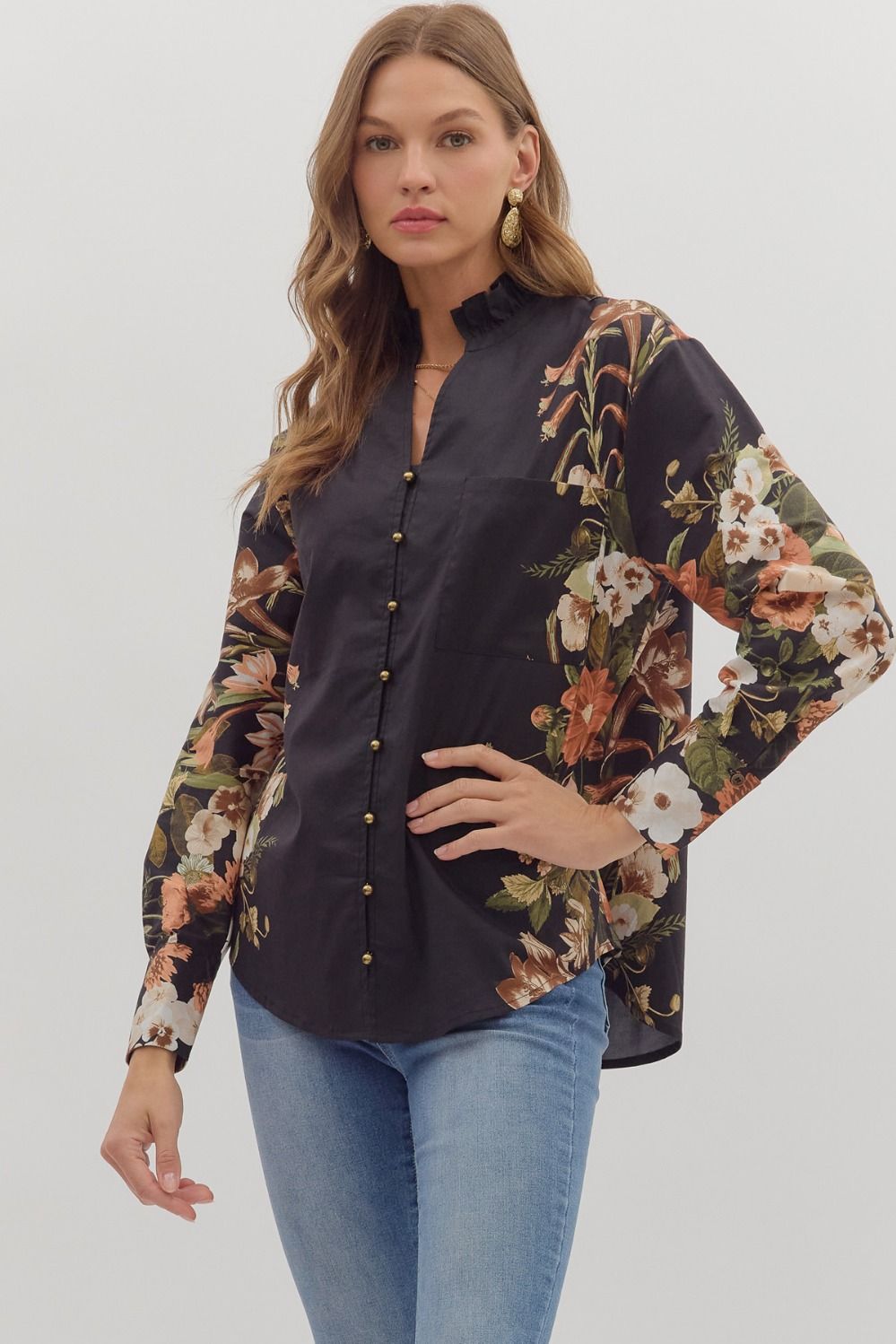  Ember Floral Sleeve Buttoned Blouse, Black