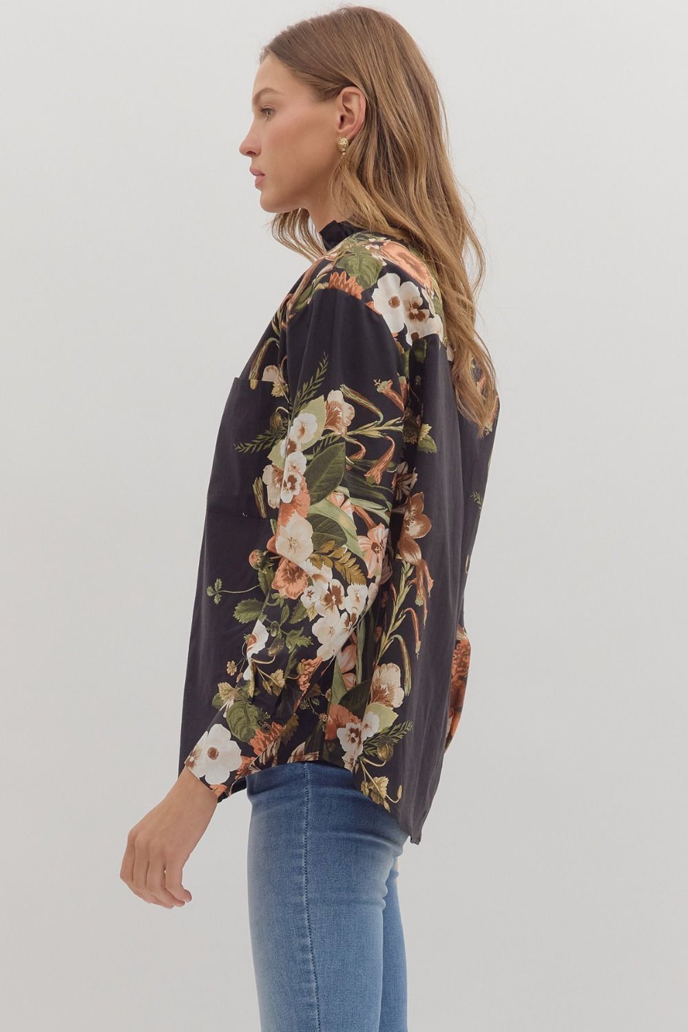  Ember Floral Sleeve Buttoned Blouse, Black