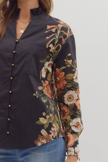  Ember Floral Sleeve Buttoned Blouse, Black