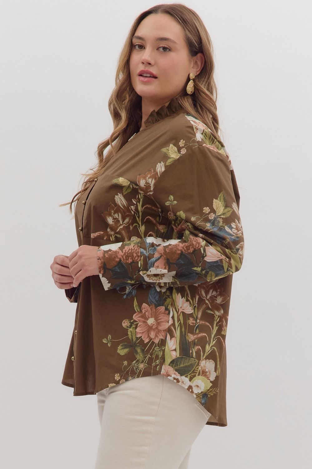 Ember Floral Sleeve Buttoned Blouse, Brown | Extended Sizes
