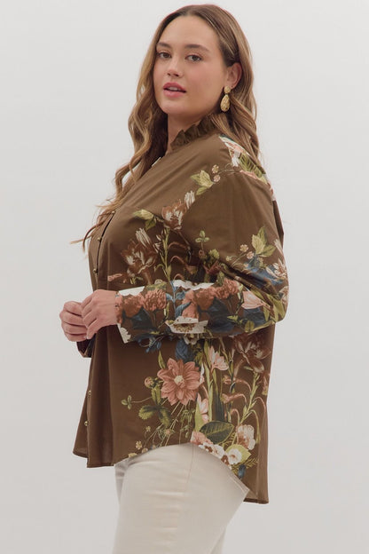  Ember Floral Sleeve Buttoned Blouse, Brown | Extended Sizes