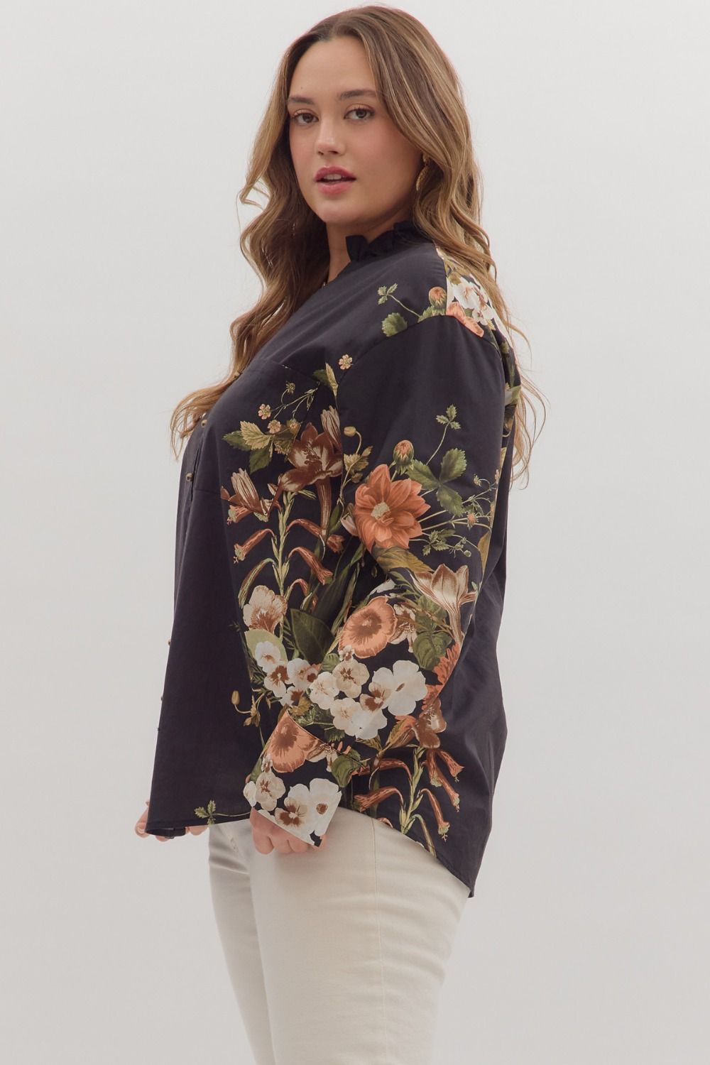  Ember Floral Sleeve Buttoned Blouse, Black | Extended Sizes