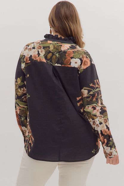  Ember Floral Sleeve Buttoned Blouse, Black | Extended Sizes