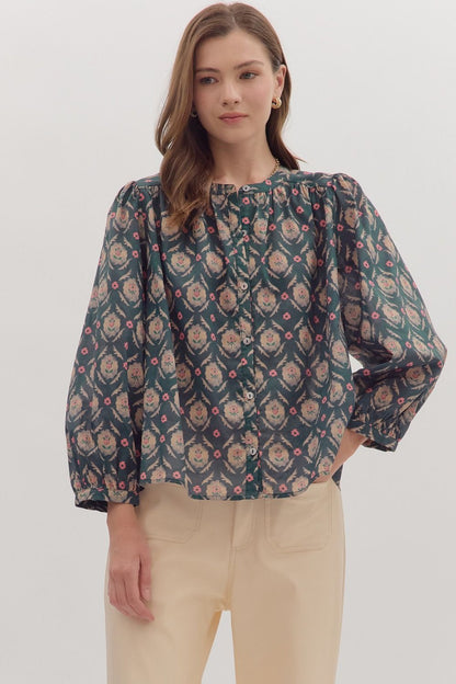  Brandi Printed Top, Teal Green