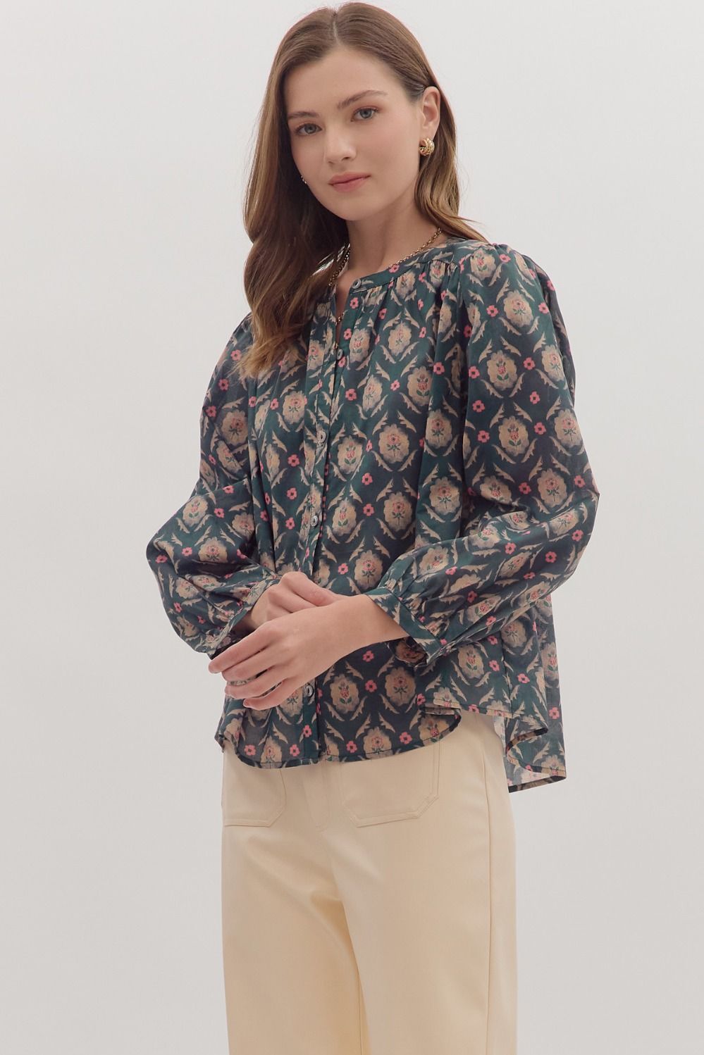  Brandi Printed Top, Teal Green