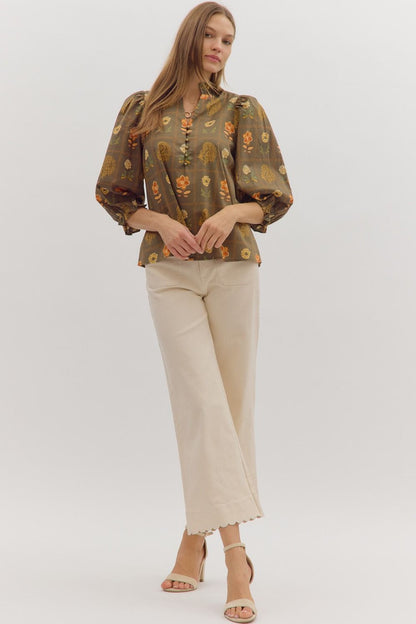  Emilia Floral Print Ruffle Detailed Top, Olive