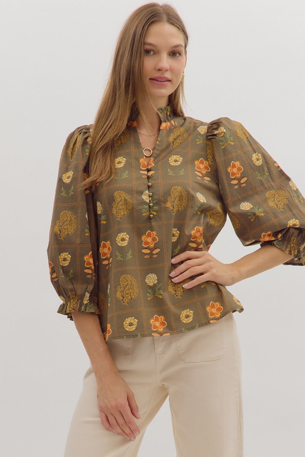  Emilia Floral Print Ruffle Detailed Top, Olive