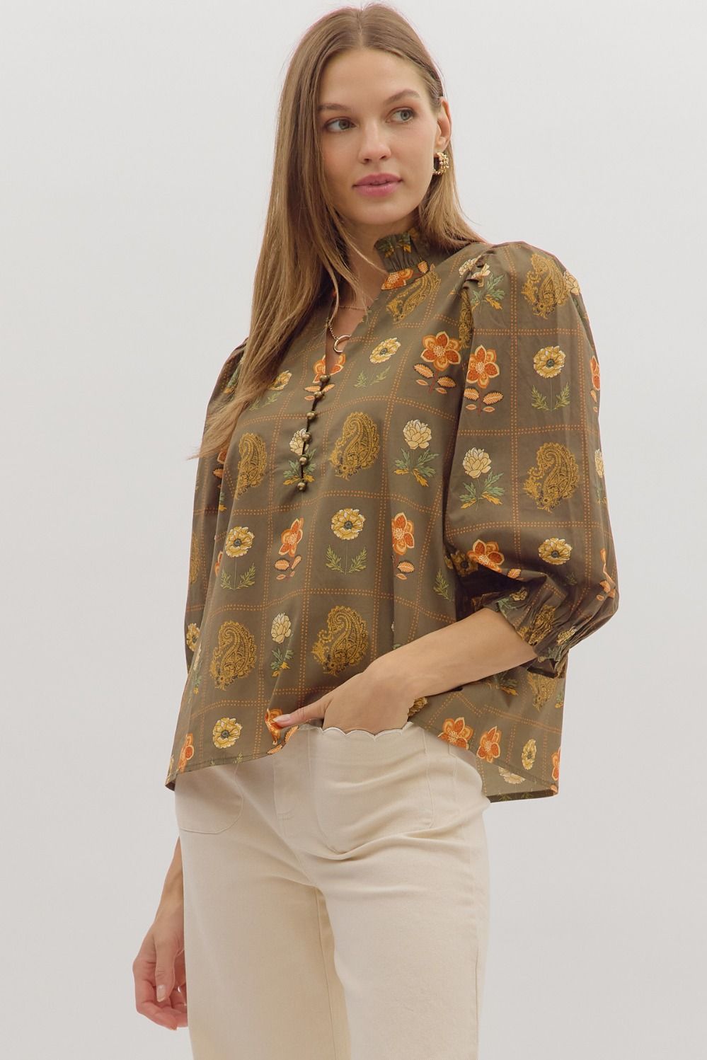  Emilia Floral Print Ruffle Detailed Top, Olive