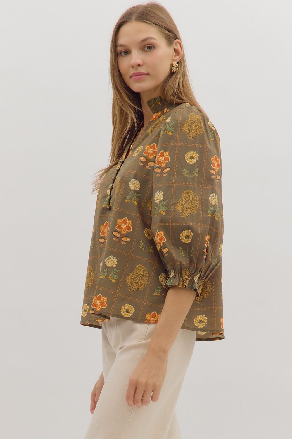  Emilia Floral Print Ruffle Detailed Top, Olive