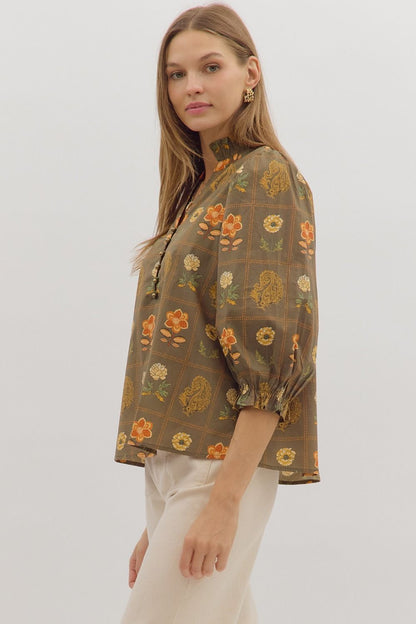  Emilia Floral Print Ruffle Detailed Top, Olive