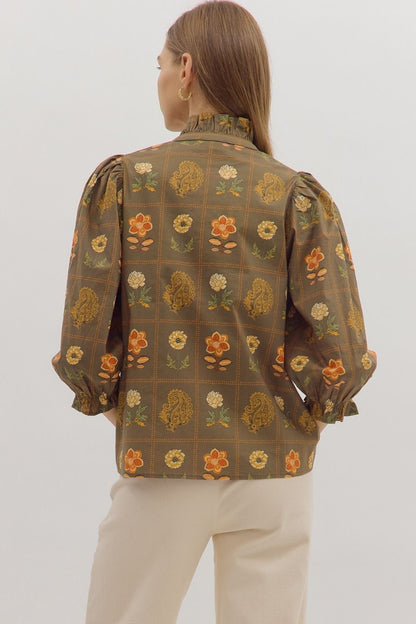  Emilia Floral Print Ruffle Detailed Top, Olive