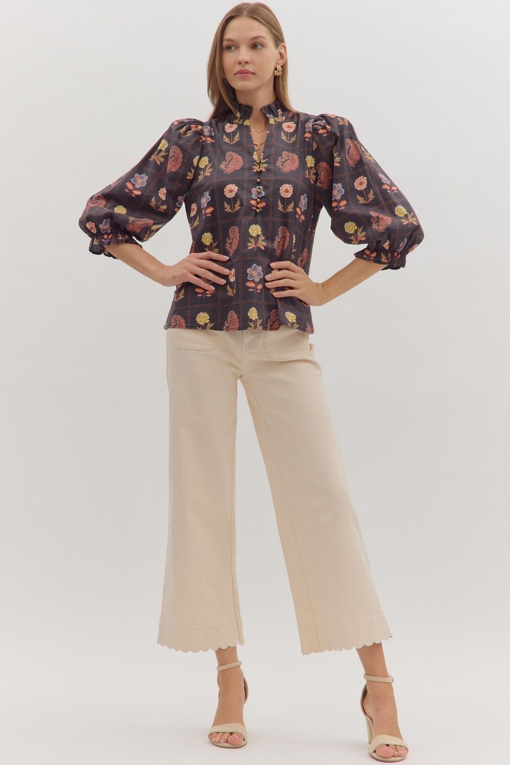  Emilia Floral Print Ruffle Detailed Top, Black