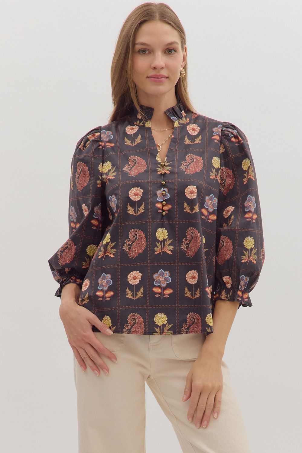  Emilia Floral Print Ruffle Detailed Top, Black