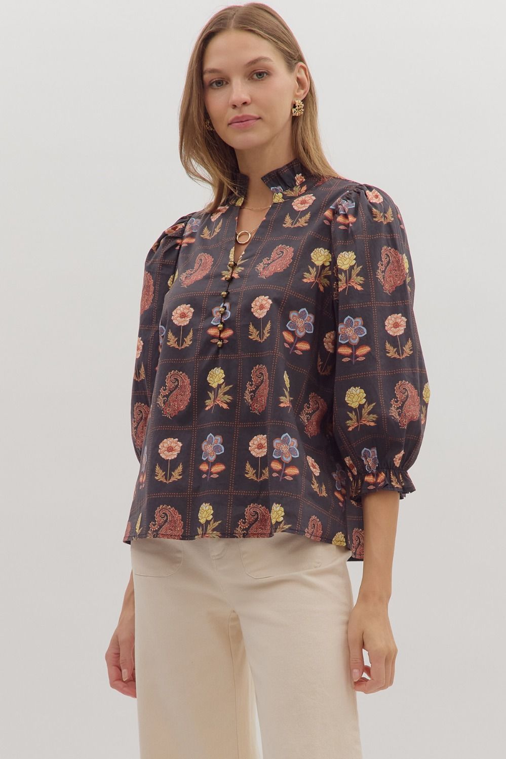  Emilia Floral Print Ruffle Detailed Top, Black