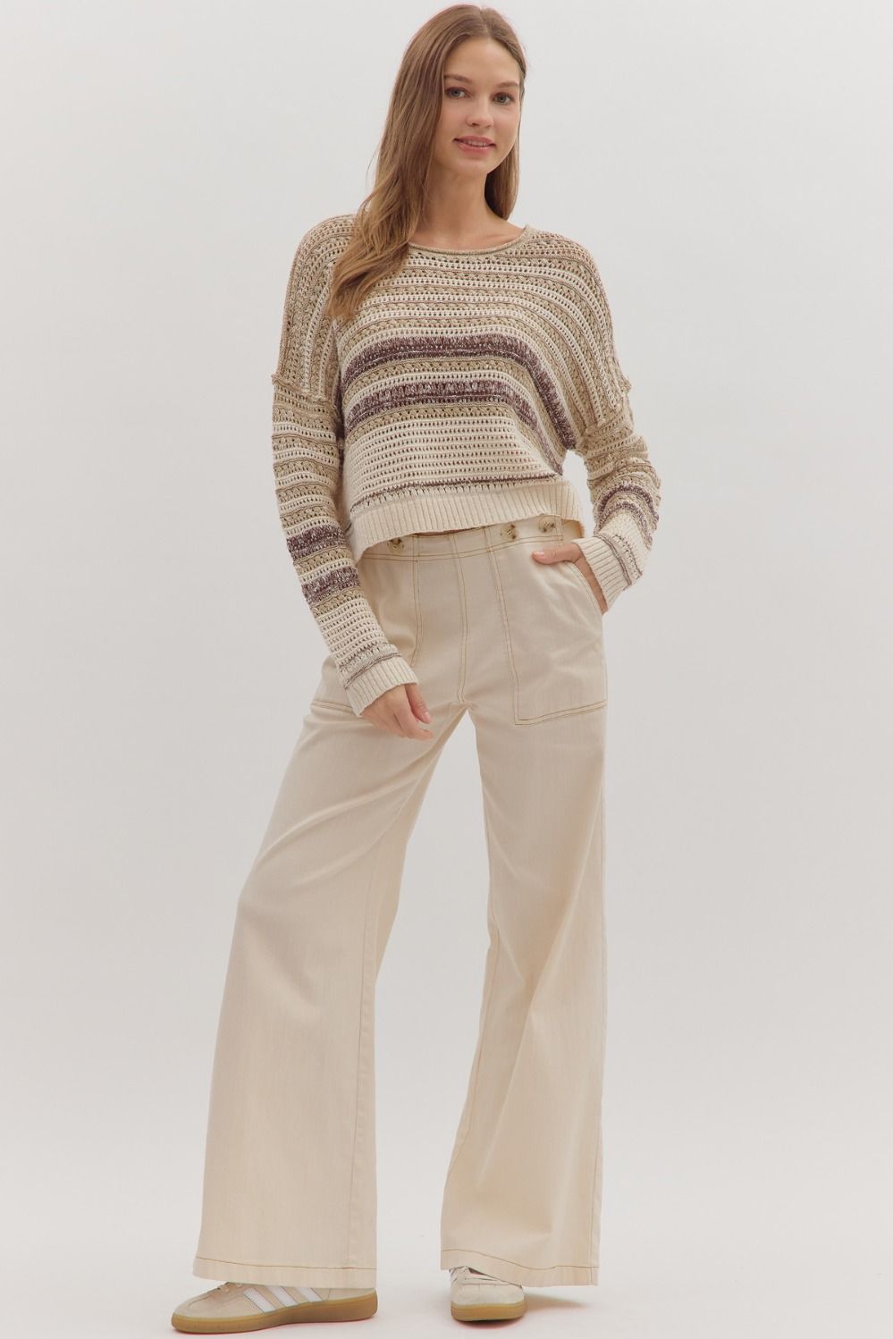  Saundra Striped Sweater, Taupe