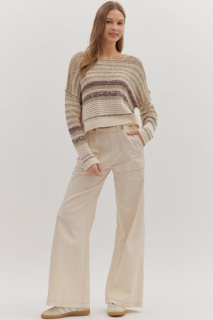  Saundra Striped Sweater, Taupe