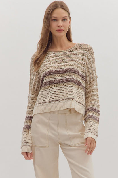  Saundra Striped Sweater, Taupe
