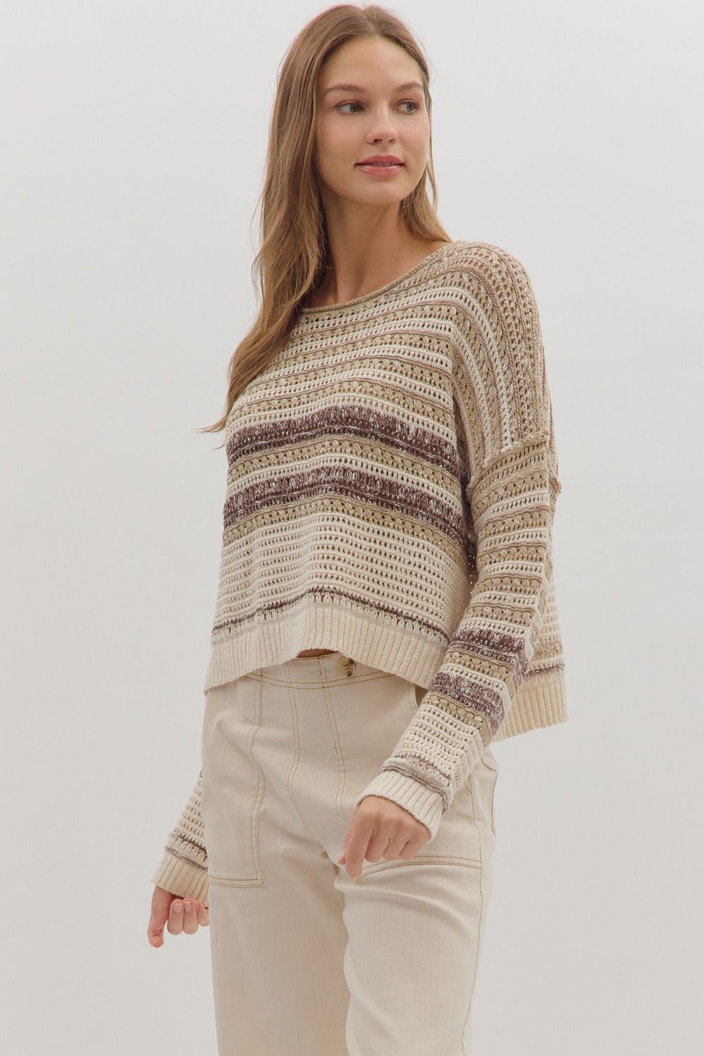  Saundra Striped Sweater, Taupe