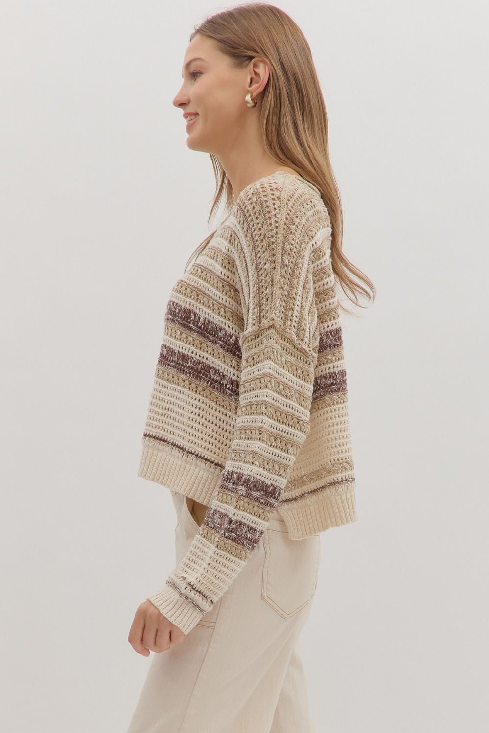  Saundra Striped Sweater, Taupe