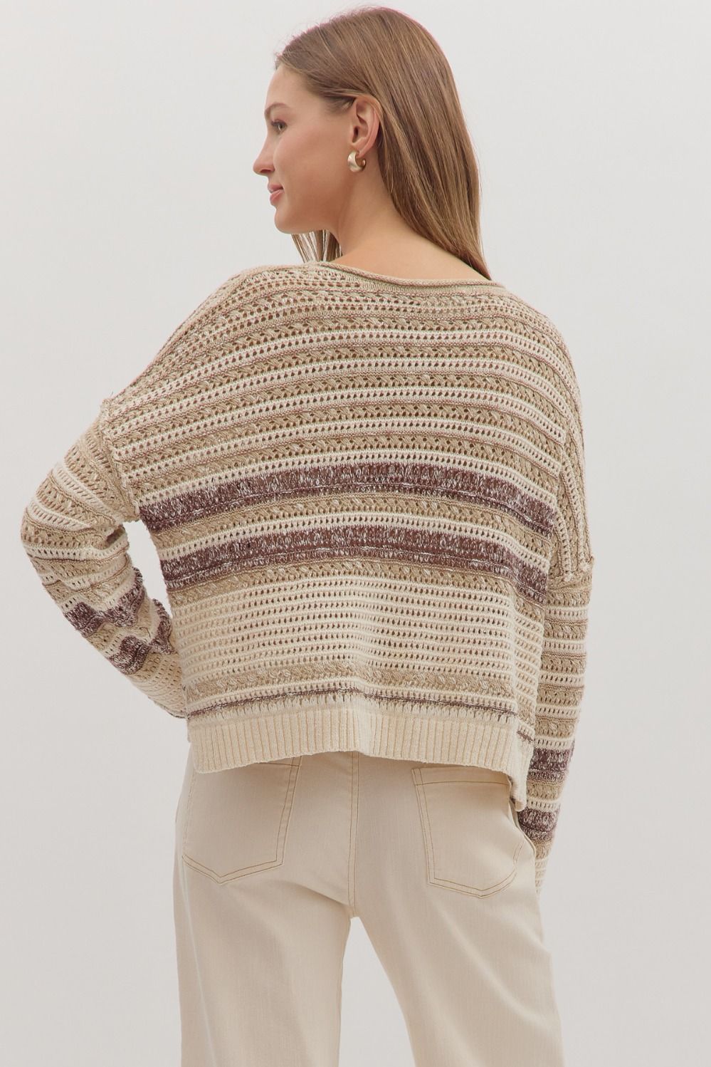  Saundra Striped Sweater, Taupe